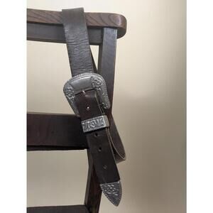 heavy silver metal brown leather western belt